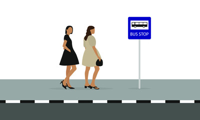 Fototapeta na wymiar Two young female characters in pretty dresses stand on the sidewalk near a bus stop sign