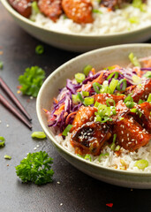 Vegan fried tempeh with rice and vegetables. Asian healthy food