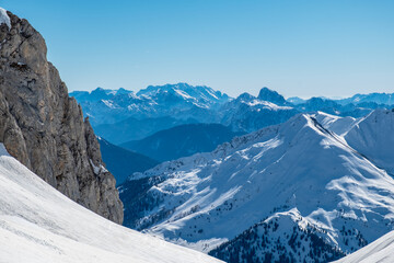 Fototapeta na wymiar Ski mountaineering in the valley of Chianevate, Carnic Alps, Friuli-Venezia Giulia, Italy
