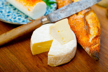 French cheese and fresh  baguette on a wood cutter