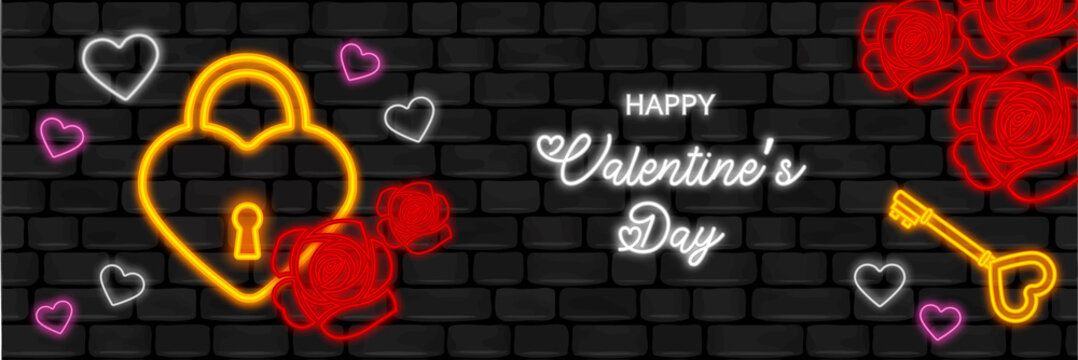 Valentine's day banner with neon elements on black wall background