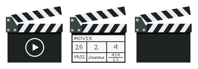  Open movie clapper board icon isolated. Filmmaking signs. Vector illustration.
 Realistic clap board on white background.