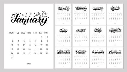 Vector Calendar Planner for 2022 Year with handdrawn lettering and color doodles. Set of 12 Months. Week Starts Monday. Stationery Design.
