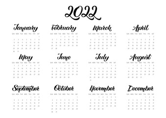 Vector Calendar Planner for 2022 Year with handdrawn lettering and color doodles. Set of 12 Months. Week Starts Sunday. Stationery Design.