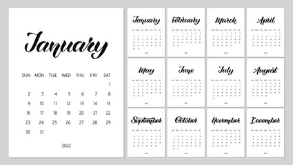 Vector Calendar Planner for 2022 Year with handdrawn lettering and color doodles. Set of 12 Months. Week Starts Sunday. Stationery Design.