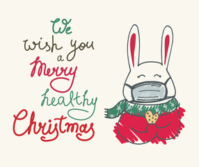happy safety christmas bunny. Christmas lettering. We wish you a merry christmas. Christmas text