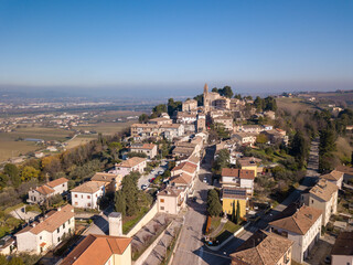 Italy, December 2021- aerial view of the medieval village of Montemaggiore al Metauro in the...