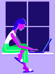 Naklejka premium A young woman sits on a windowsill in a T-shirt, shorts and slippers and works on a laptop in the evening. Concept-remote work at home
