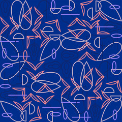 Vector graphics are a seamless geometric pattern with abstract chaotic linear shapes on a dark blue background.