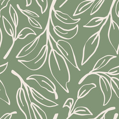 Herbs outlined seamless repeat pattern. Random placed, vector botany leaves all over surface print on jade green background.