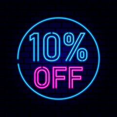 10 percent SALE glowing neon lamp sign. Vector illustration.