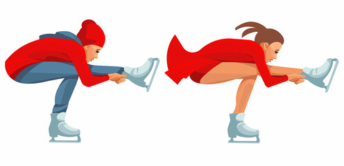 Two vector figures of a girl on skates who sits spin © ivnas