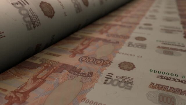 5000 Russian rubles bills on money printing machine. Video of printing cash. Banknotes.