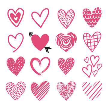 Set of different decorative cliparts hearts. Doodle hand drawn hearts collection