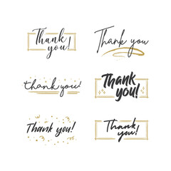 Thank you text lettering collection. Thanks message in hand drawn style typo. Handwriting letter with golden frames collection.