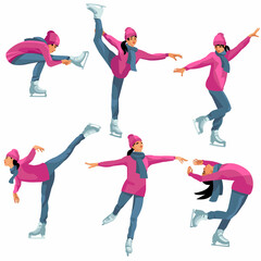 Asian girl on figure skates dancing on a skating rink in a jacket turning, spinning, lifting her leg, spinning sitting © ivnas