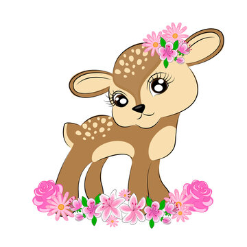 Deer cute character valentine's day greeting card with cartoon deer bambi characters with flowers t-shirt textile print gift wrapping decoration cute childrens illustration Vector illustration