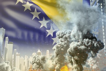 large smoke pillar with fire in the modern city - concept of industrial blast or terroristic act on Bosnia and Herzegovina flag background, industrial 3D illustration