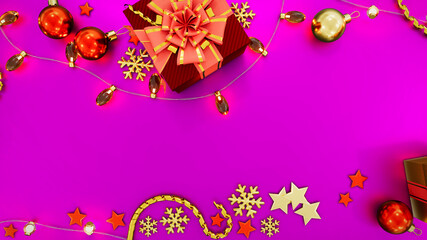 christmas holiday backdrop with decorations on pink - abstract 3D illustration