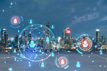 Rooftop with concrete terrace, Bangkok night skyline. Recruitment process to hire candidates for international business consulting. HR, networking digital icons. City downtown. Double exposure.