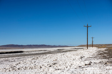 Line of telephone and power poles disappearing off into the distance in the desert salt flats