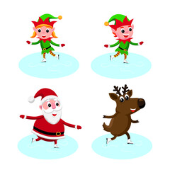 Cute cartoon style illustration set of ice skating Christmas characters