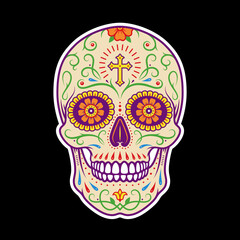 Decorative mexican sugar skull. Stylized skull. Day of the Dead. Stencil art. Painted skull. Sugar skull. Mexican skull. Colorful skull on black background.