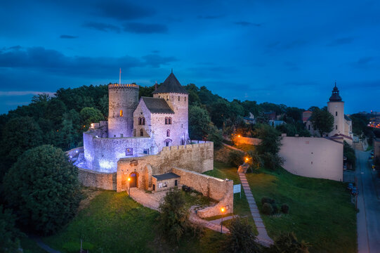 Aerial view of medieval castle at dusk in Bedzin, Poland