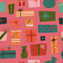 Seamless pattern with hand drawn presents and gift boxes
