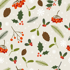 Winter berries, leaves and branches seamless pattern