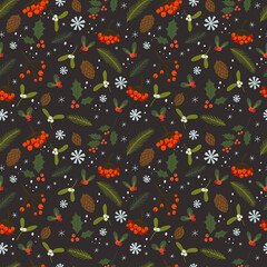 Winter berries, leaves and branches seamless pattern