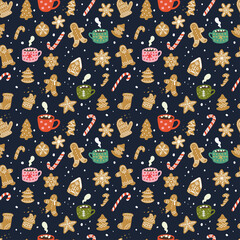 Gingerbread cookies, cups and candy seamless pattern