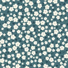 Papier peint Petites fleurs Motif d& 39 époque. petites fleurs blanches et feuilles bleu foncé. fond bleu. Modèle vectorielle continue pour les impressions de design et de mode.
