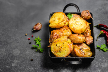 Parmesan pesto roast potatoes in cast iron skillet on dark background. Top view, copy space.