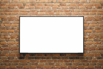 Fototapeta na wymiar 3D render. Mockup of a vertical blank advertising poster or screen on bricks wall. Easy to edit