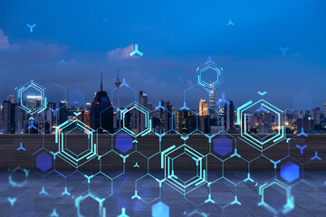 Rooftop with wooden terrace, Kuala Lumpur night skyline. Hi tech digital holograms to optimize...
