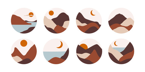 Vector abstract landscapes set. Modern nature shapes for social media highlight covers with desert sun moon mountains. 