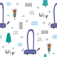 Cute seamless baby vector pattern with car and traffic light