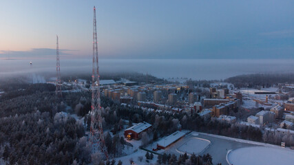 City of Lahti in Finland.  Drone view over freezing city.