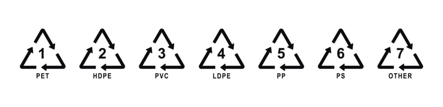 Set of recycling symbols for plastic. Plastic recycling symbols different types. Marking codes of plastic packaging materials. Recycle triangle with number and code. Vector illustration