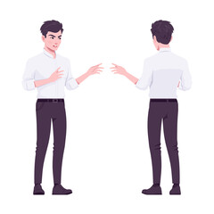 Fototapeta premium Office boy, modern man standing talking hand gesturing. Handsome male assistant business manager in formal clothes. Vector flat style cartoon illustration isolated, white background, front, rear view