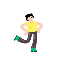 Woman dancing. Minimalist happy female character having fun. Movement pose. Girl in casual clothes. Trendy modern isolated illustration