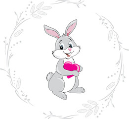 Smiling rabbit with pink heart in floral frame