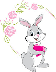 Smiling rabbit with pink heart in festive floral frame