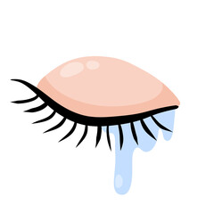 Crying eye with tears. Closed eyelid with eyelashes. Stress and frustration. Flat cartoon