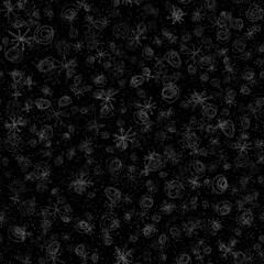 Hand Drawn Snowflakes Christmas Seamless Pattern. Subtle Flying Snow Flakes on chalk snowflakes Background. Authentic chalk handdrawn snow overlay. Radiant holiday season decoration.