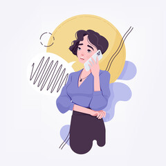 Office girl, young secretary, businesswoman talking on phone. Beautiful modern female social media profile picture, business portrait. Vector flat style creative illustration, abstract art background