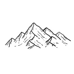 Mountains in engraving style. Nature landscape of highlands. Hand drawn design. Rocky ridge.