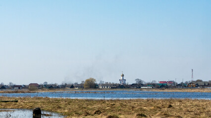 Top view of the countryside, river, lawn, trees. Nature conservation.