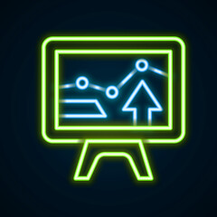 Glowing neon line Computer monitor with graph chart icon isolated on black background. Report text file icon. Accounting sign. Audit, analysis, planning. Colorful outline concept. Vector